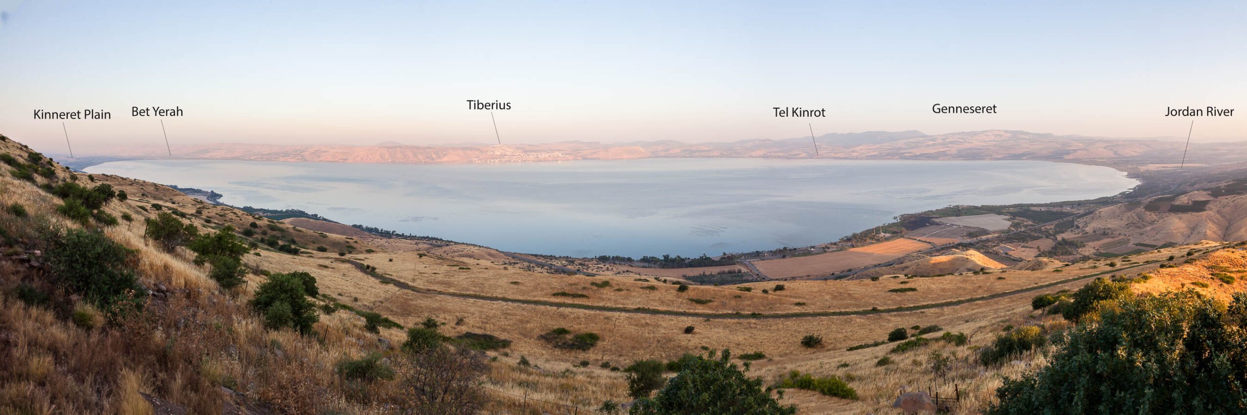 Panorama of Sea of Galilee showing location of Bet Yerah and Geneseret
