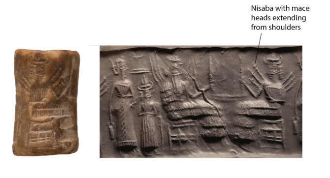 Cylinder Seal with Nisaba depicted with maceheads extending from her shoulders and Shamash with rays extending from his shoulders