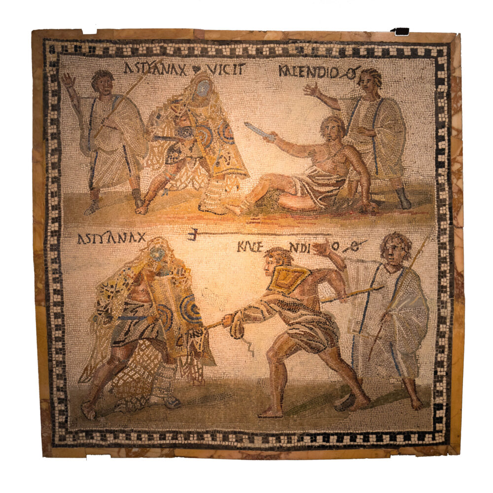 Gladiatorial combat between a secutor and a retiarius