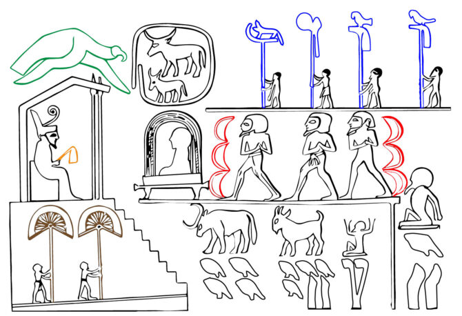 Narmers Macehead showing prisoners being paraded between a pair of territorial cairns