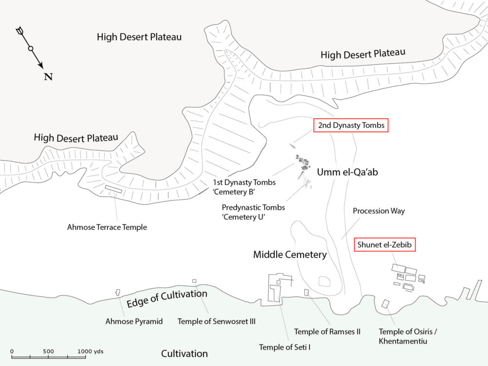 Map of Abydos showing location of Tomb of Khasekhemwy and the Shunet el-Zebib
