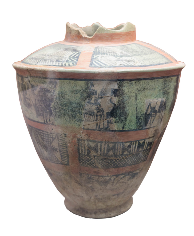 Scarlet Ware Vase on display in the British Museum which shows scenes of chariot warfare and music