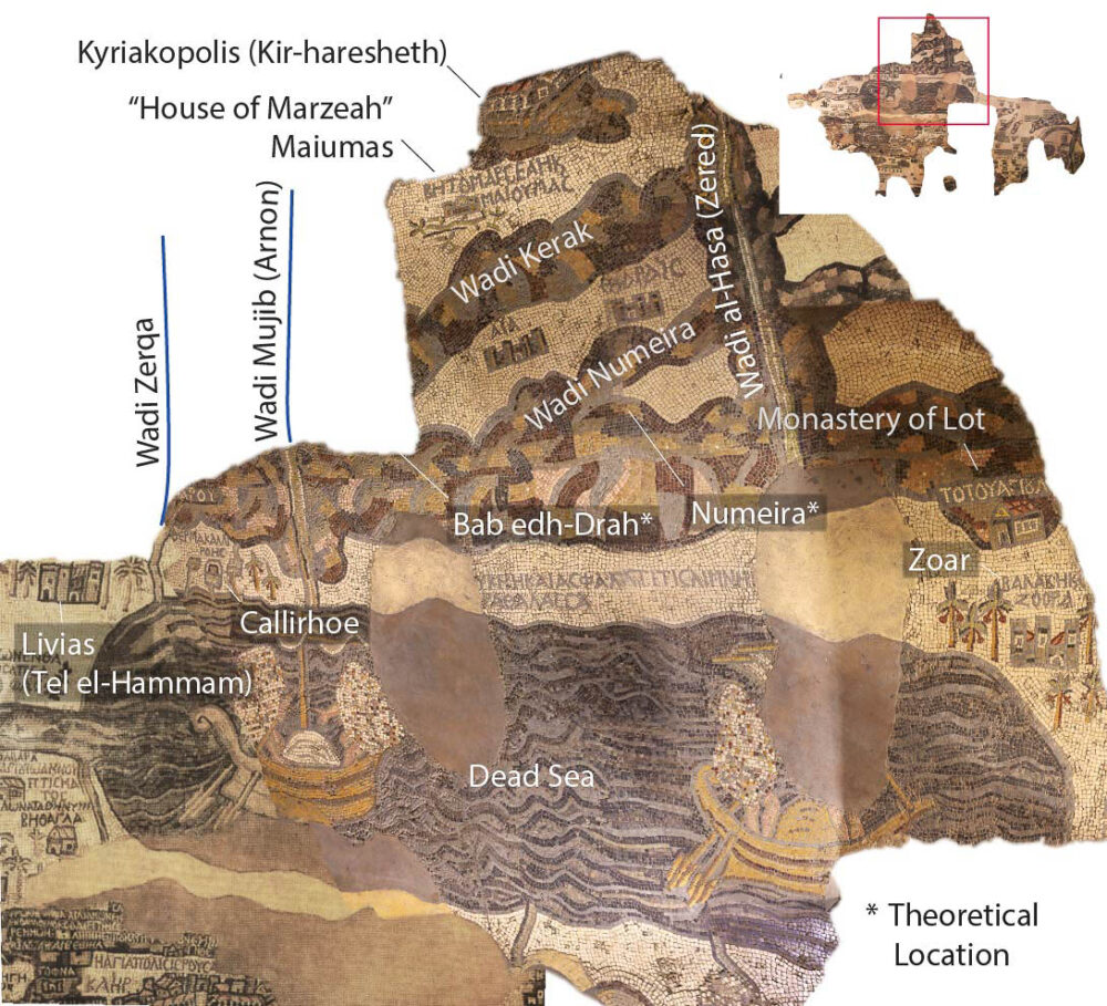 Madaba Map showing sites along southern end of the Dead Sea