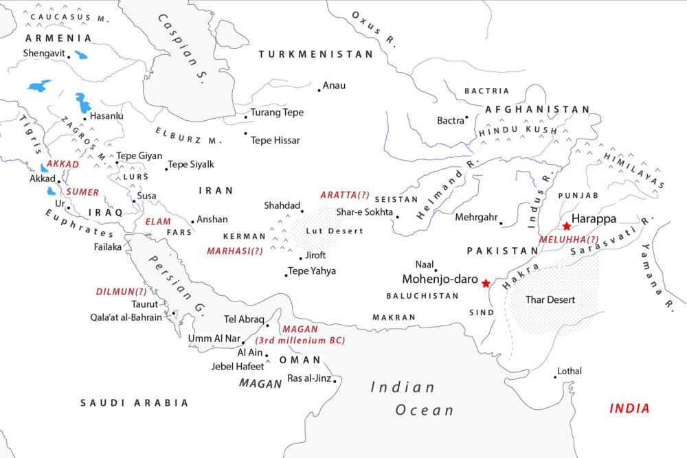 Map of ancient Indus Valley and Bactria Margiana Complex and Trans-Elamite Plateau