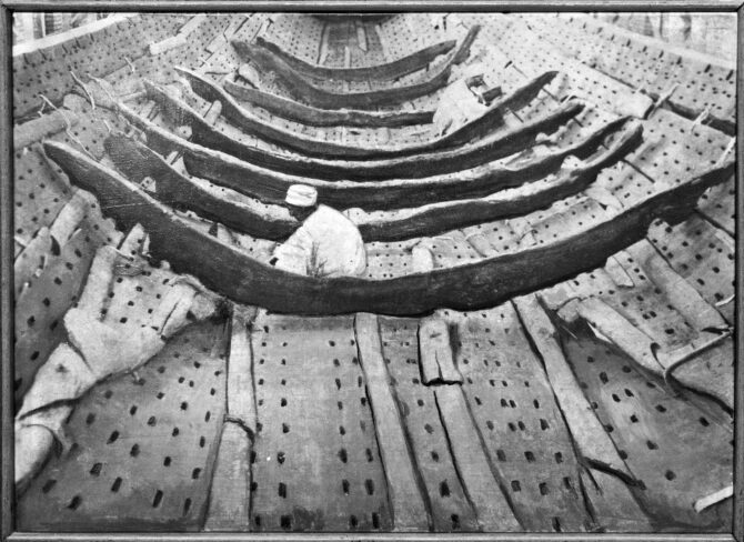 interior of khufu ship showing stitched planking